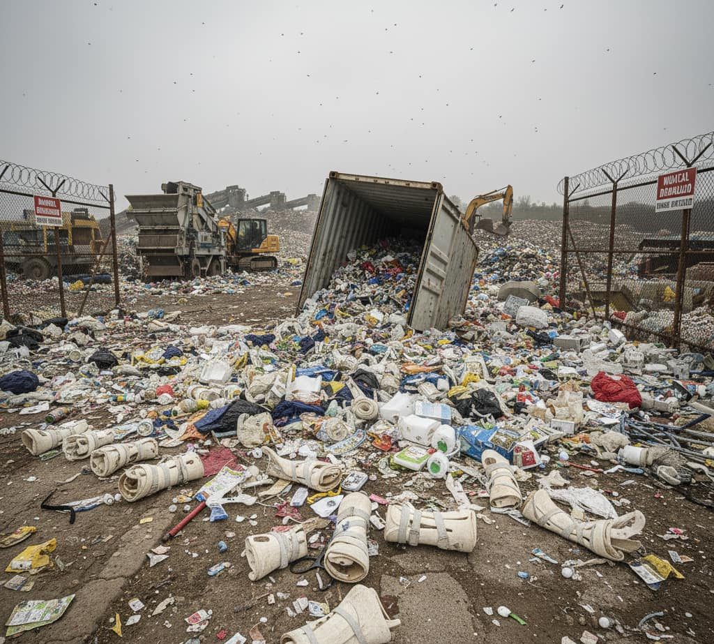 Attelles orthopédiques usagées jetées dans une décharge parmi des déchets médicaux et ménagers, illustrant l’impact environnemental de l’absence de reconditionnement.